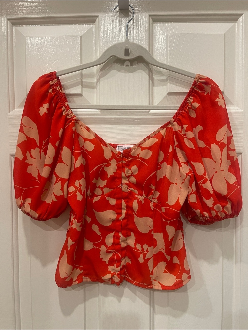 Floral Puff-Sleeve Off-Shoulder Top - Red Cream S:M